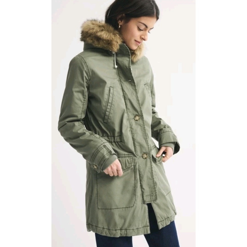 ABERCROMBIE & FITCH Sherpa Military Parka Women S Jacket Coat Olive Fur Hood